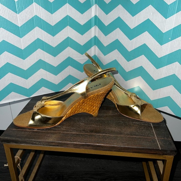 Prada Shoes - Prada Metallic Gold Straw Raffia Wedge Sandals Women's Size EU 39